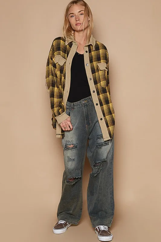 Contrast Thermal Detail Button Down Plaid Shacket