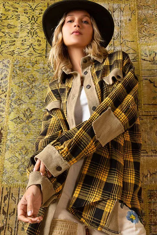 Contrast Thermal Detail Button Down Plaid Shacket