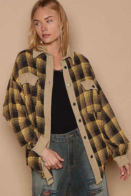 Contrast Thermal Detail Button Down Plaid Shacket