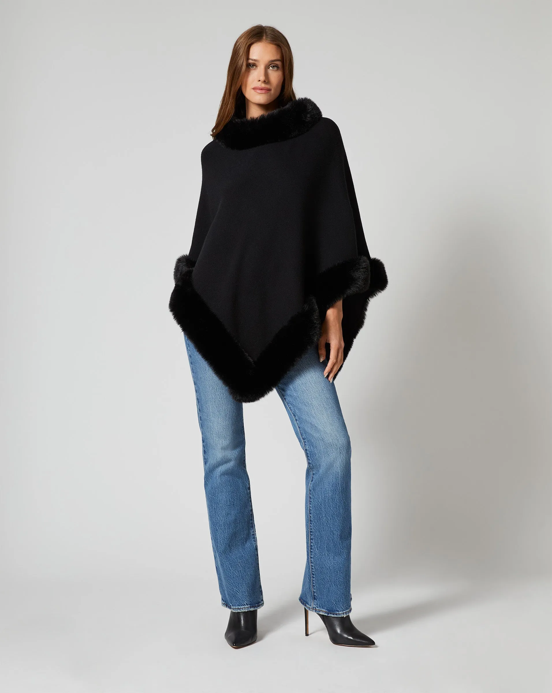 Fox Faux Fur Trim Sweater Poncho