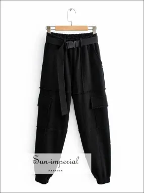 Sun-imperial Women Black Elasticated Waist Pintuck Sweatpants with Pockets Details Lightweight Cargo