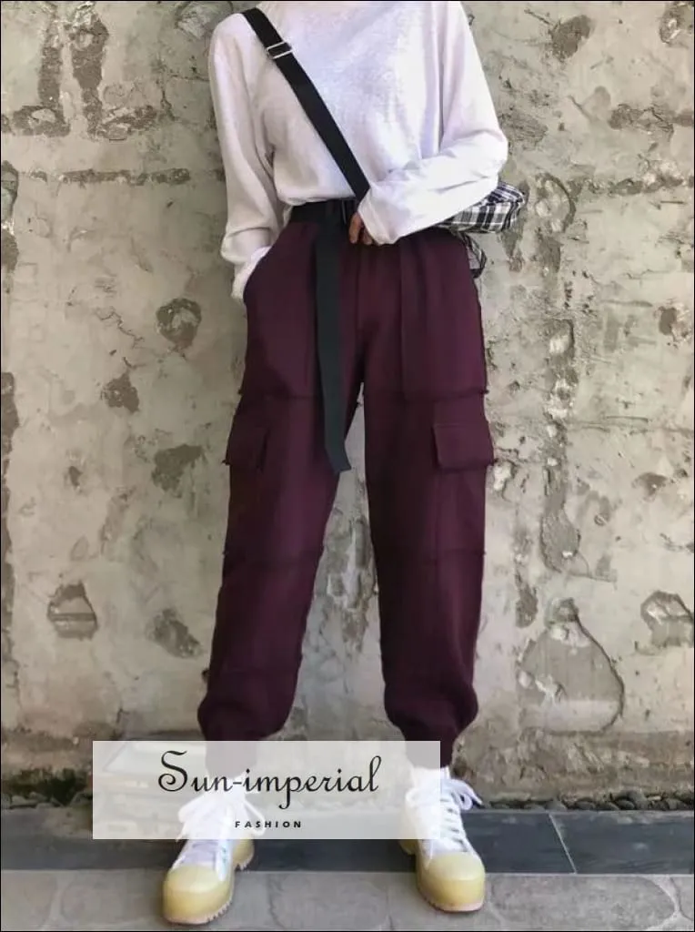 Sun-imperial Women Black Elasticated Waist Pintuck Sweatpants with Pockets Details Lightweight Cargo