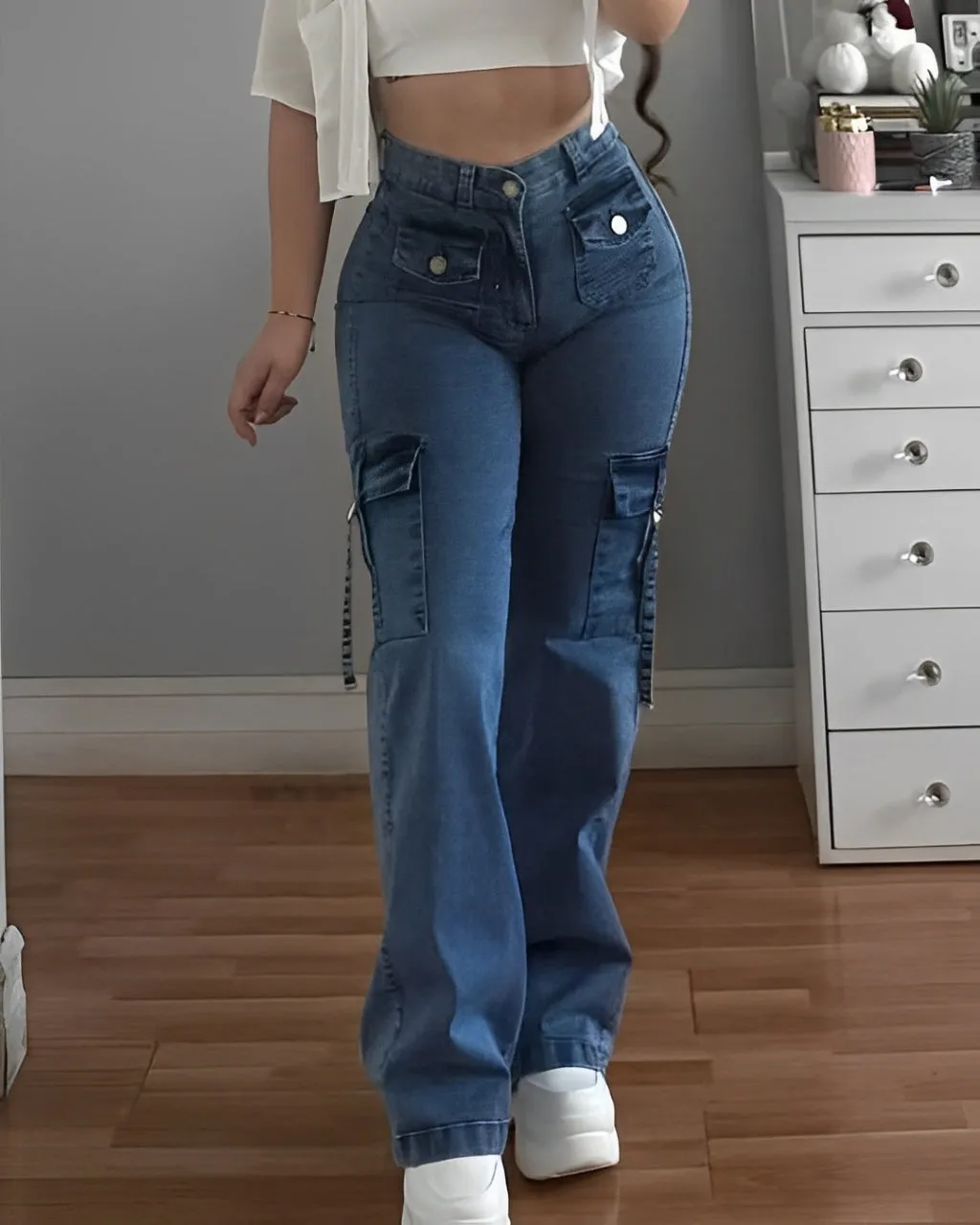 Women's Fashion Cargo Denim Wide Leg Pants