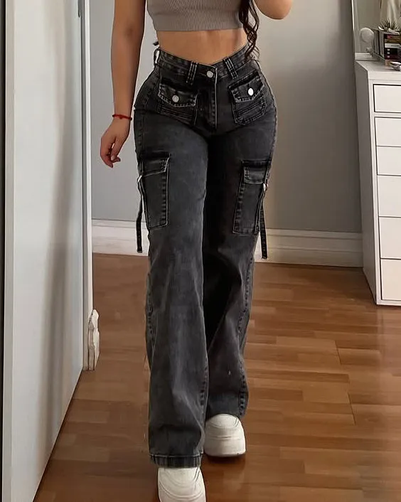 Women's Fashion Cargo Denim Wide Leg Pants